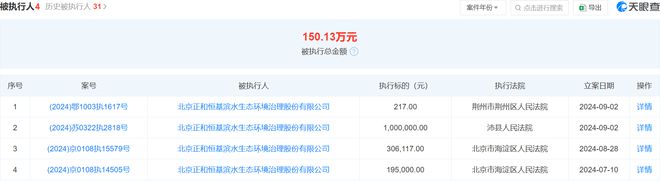 北京正和恒基滨水生态环境治理被执行217元今年以来已被执行多次涉及北京湖北江苏等地(图1)
